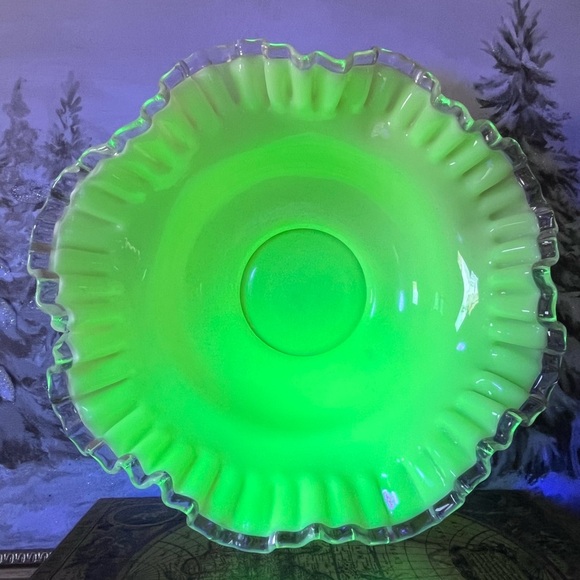 Unsigned Fenton Uranium Glass Bowl with Clear Ruffled Edge – 9” UV Reactive